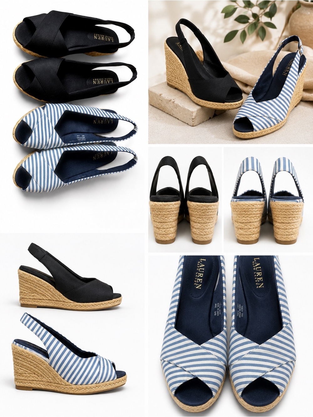 Lauren Ralph Lauren Espadrille Wedge Slingback Shoes Lot 2 Size 8B Black Stripe